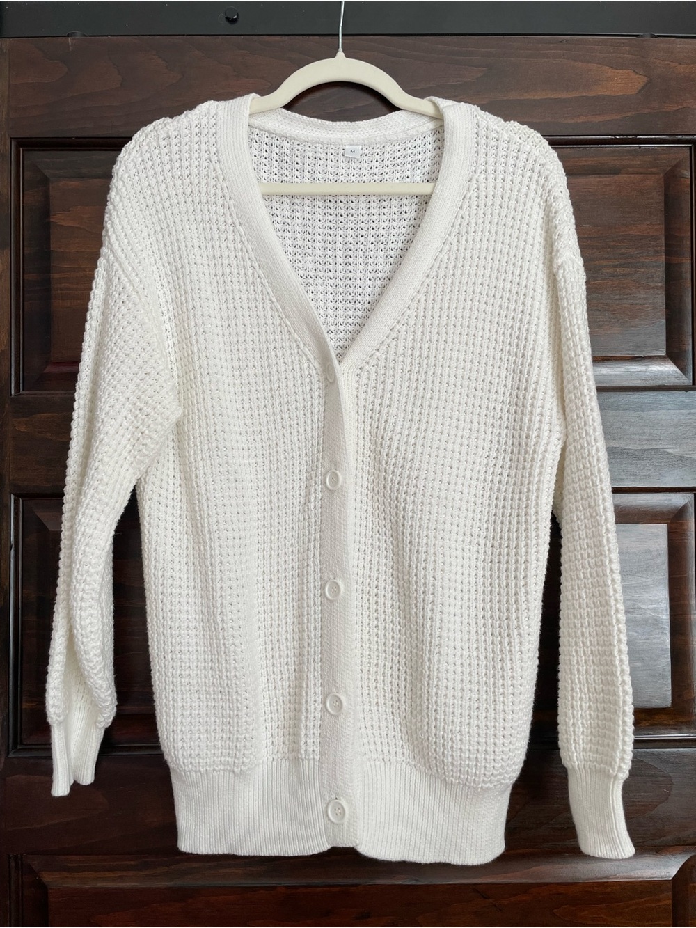 White Button-Front Waffle Knit Soft Cardigan